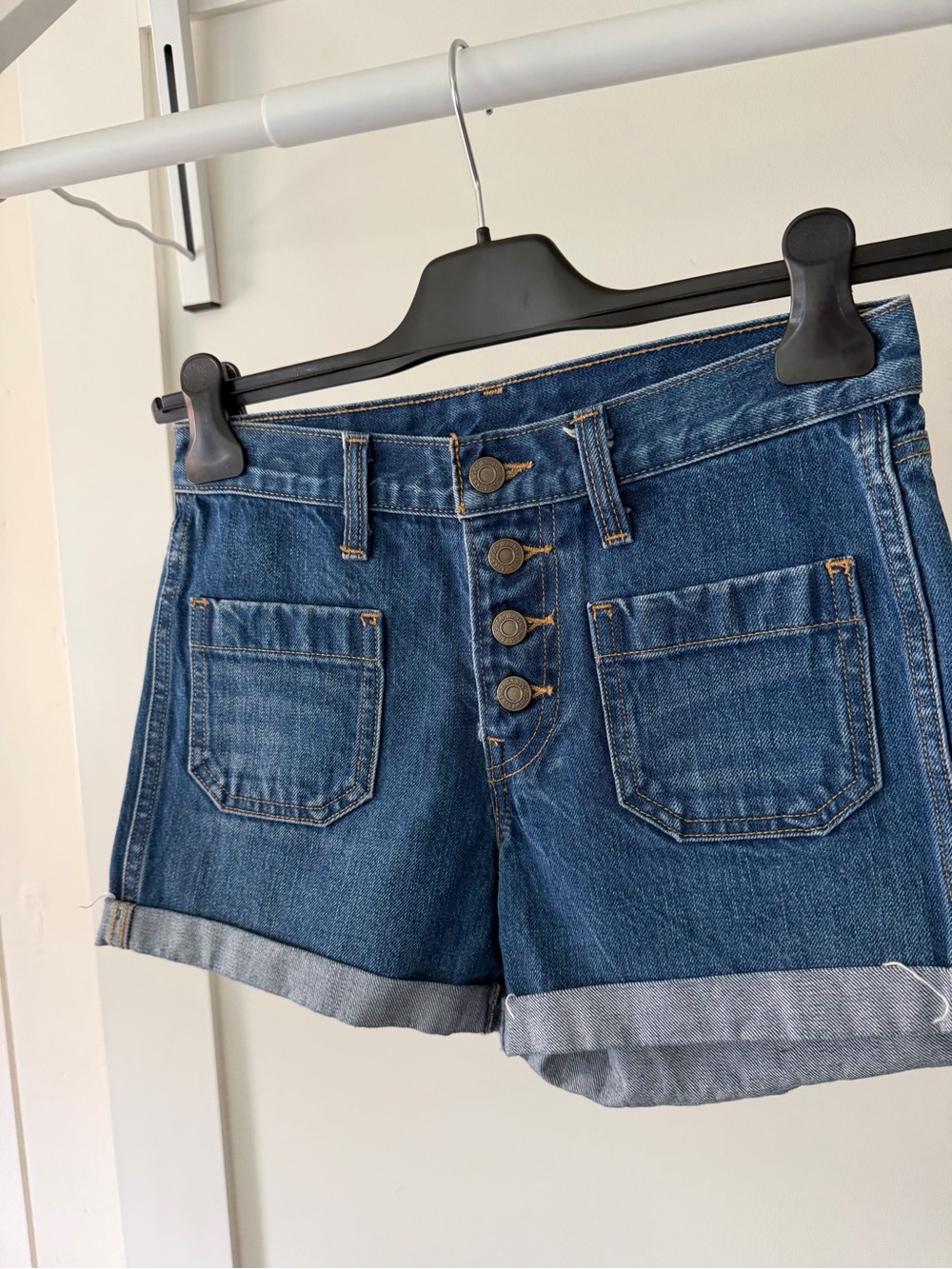 Levi’s orange tag Classic High-Rise Dark Blue Denim Shorts with Button Front